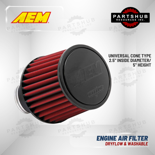 AEM DRYFLOW AIR FILTER (UNIVERSAL CONE TYPE DIAMETER 2.5"/HEIGHT 5")