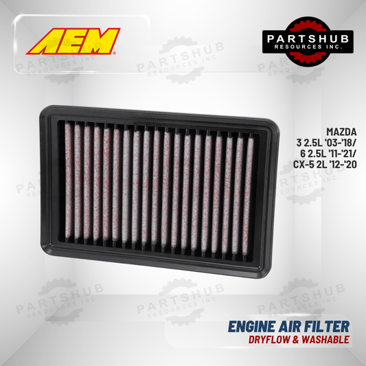 AEM DRYFLOW AIR FILTER (11-24 Mazda 6 2.5L/03-18 Mazda 3 2.5L/CX-5 2L 12-20)