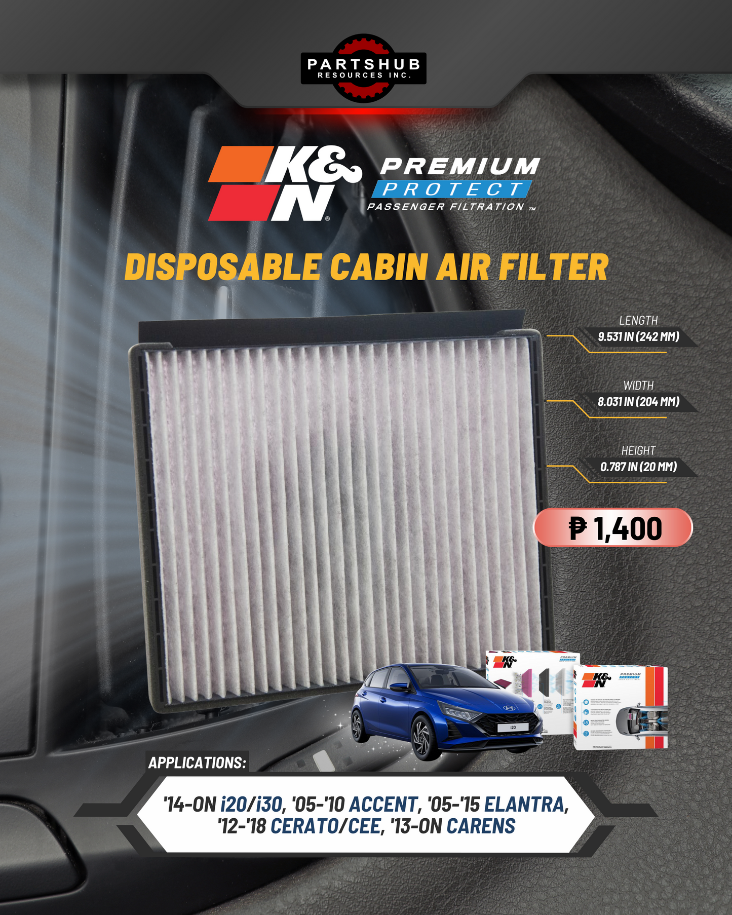 K&N DISPOSABLE CABIN AIR FILTER ('14-ON i20/i30, '05-'10 ACCENT, '05-'15 ELANTRA, '12-'18 CERATO/CEE, '13-ON CARENS)