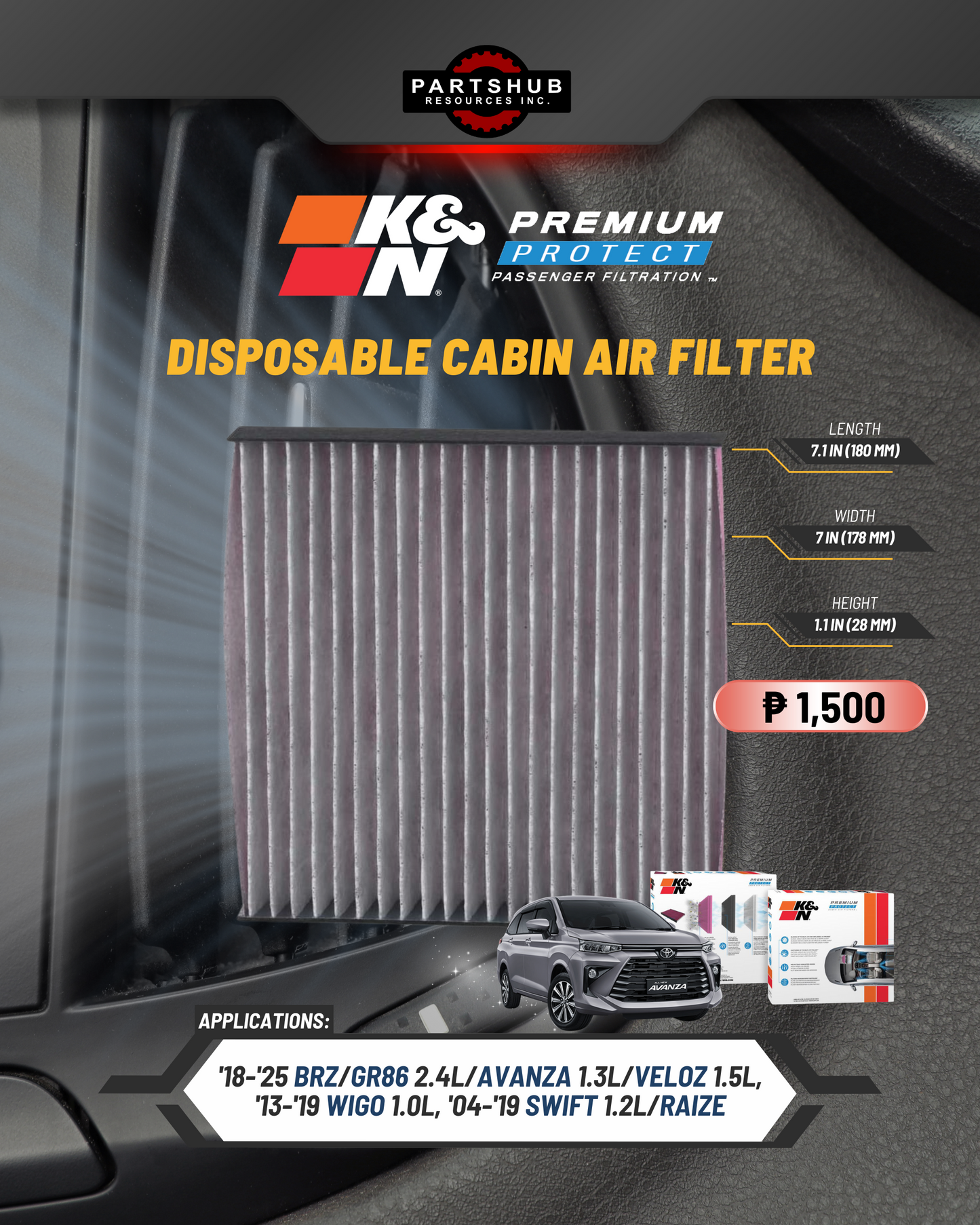 K&N DISPOSABLE CABIN AIR FILTER ('18-'25 BRZ/GR86 2.4L/Avanza 1.3L/Veloz 1.5L, '13-'19 Wigo 1.0L, '04-'19 Swift 1.2L/Toyota Raize)
