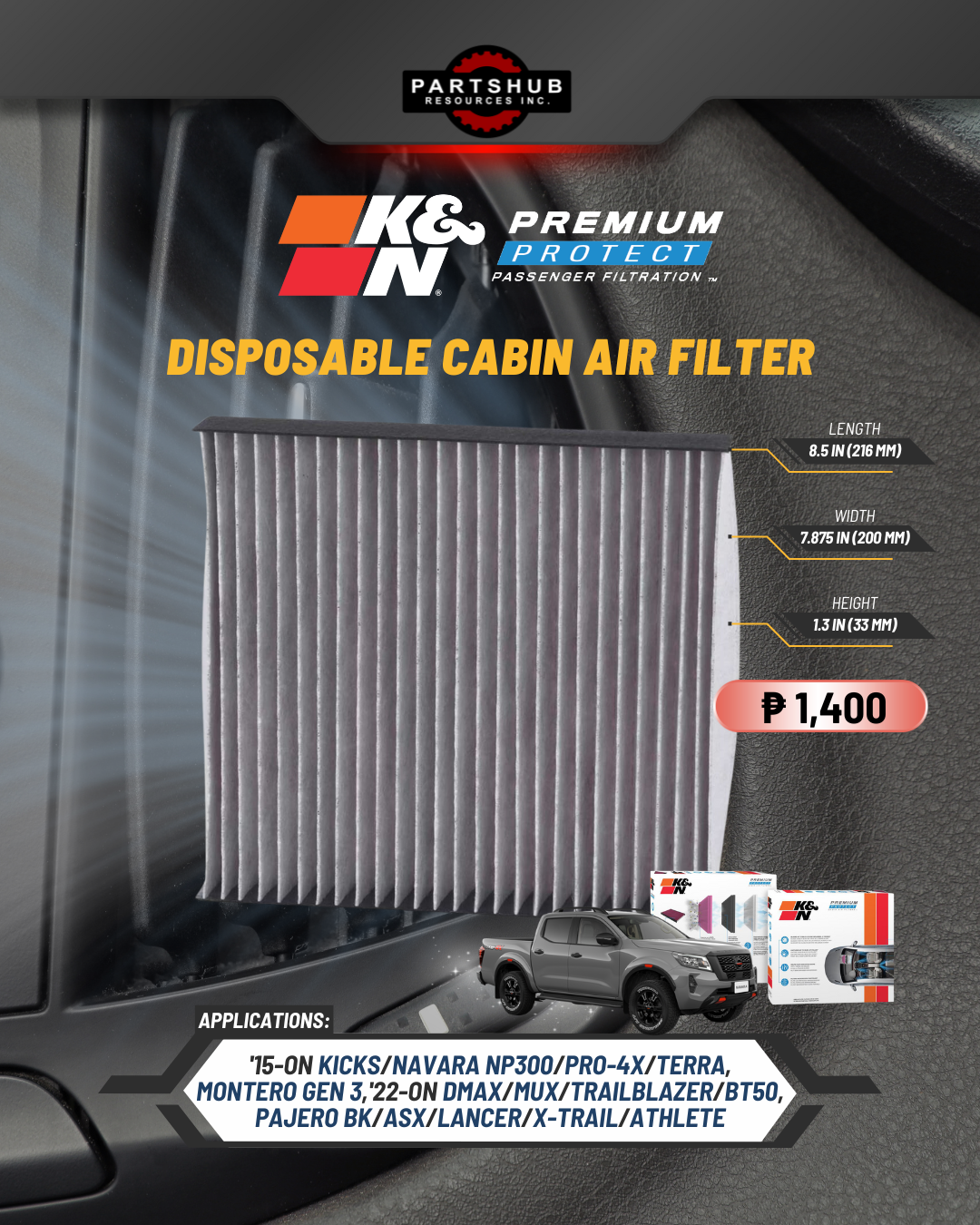 K&N DISPOSABLE CABIN AIR FILTER (KICKS/NAVARA NP300/PRO-4X/TERRA,MONTERO GEN3,DMAX/MUX '22,TRAILBLAZER,PAJERO BK,ASX,LANCER,X-TRAIL/ATHLETE/BT-50 21-ON)