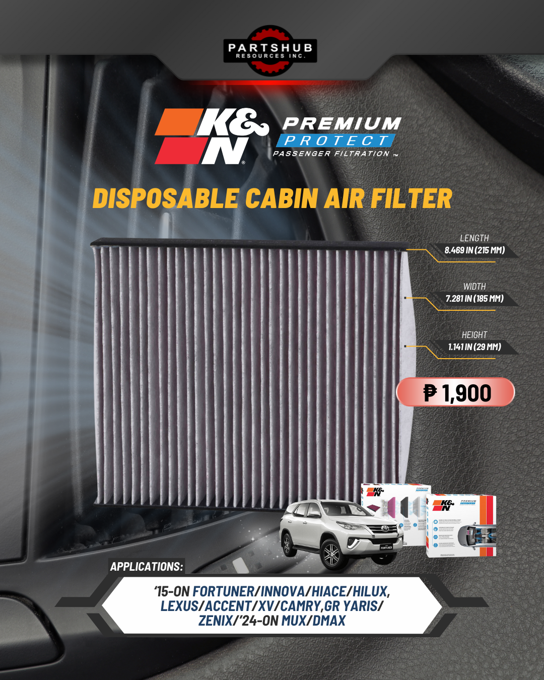 K&N DISPOSABLE CABIN AIR FILTER (NEW FORTUNER/INNOVA/HIACE/HILUX,LEXUS,ACCENT,XV,CAMRY,GR YARIS/ZENIX/MUX/DMAX '24)