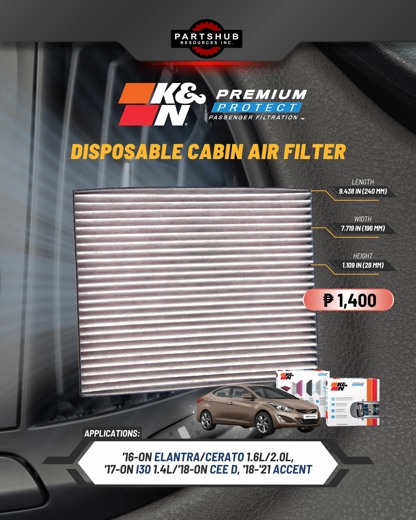 K&N DISPOSABLE CABIN AIR FILTER (HYUNDAI ACCENT '18-'21/ELANTRA)