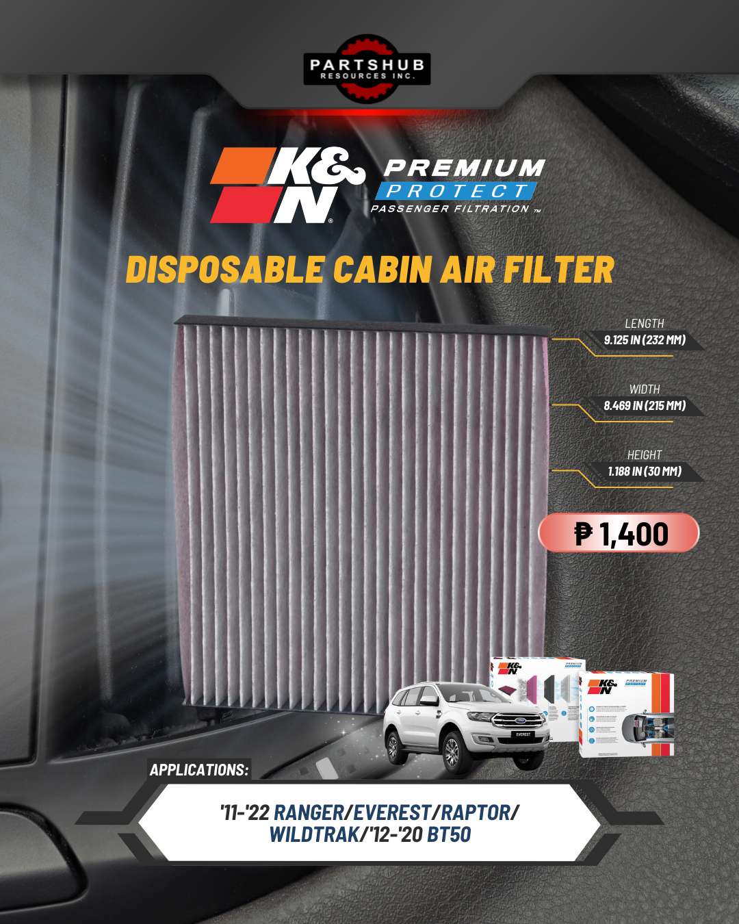K&N DISPOSABLE CABIN AIR FILTER (RANGER/EVEREST/RAPTOR/WILDTRAK '11-'22,BT50 '12-'20)