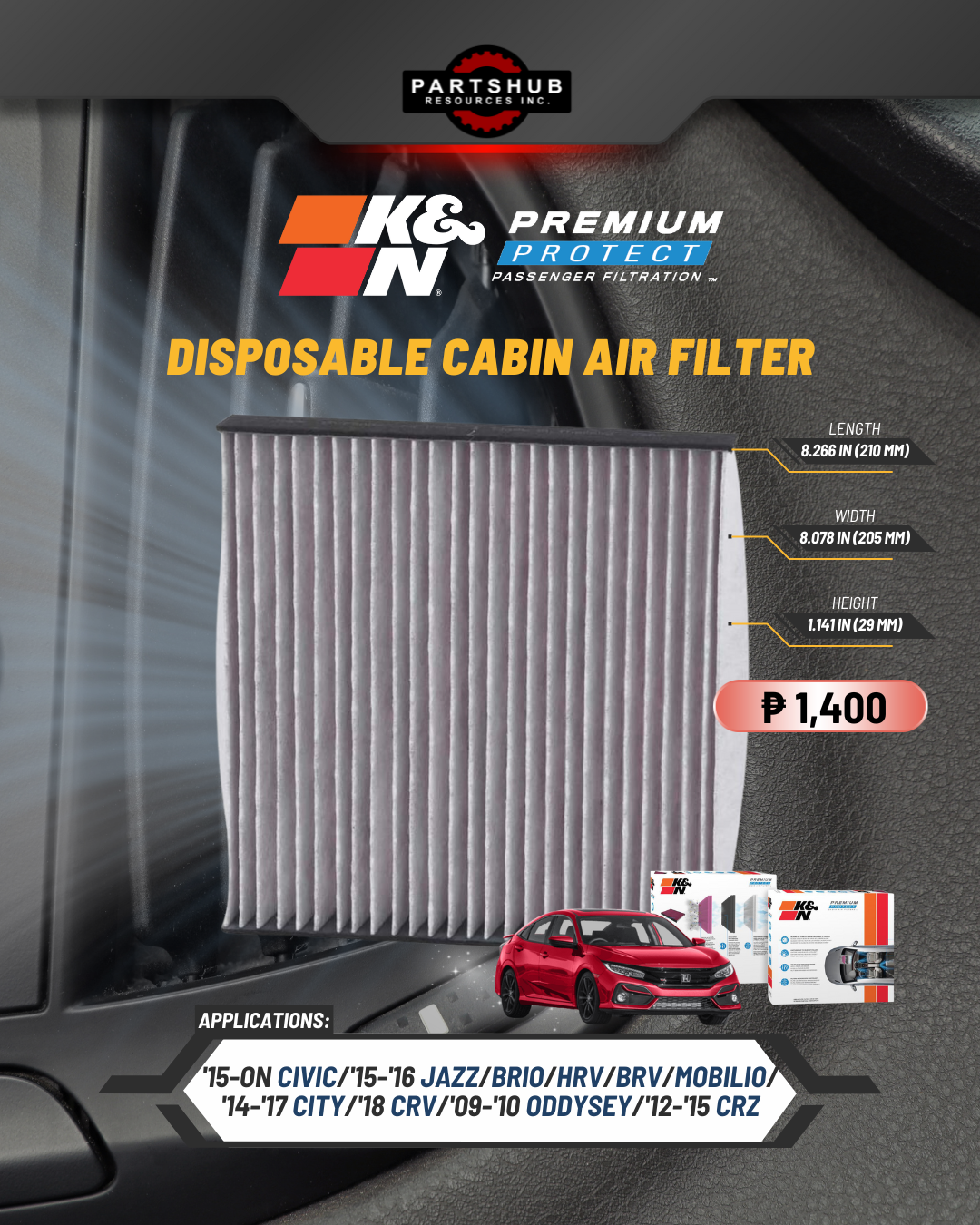 K&N DISPOSABLE CABIN AIR FILTER ('15-ON CIVIC/'15-'16 JAZZ,BRIO,HRV,BRV,MOBILIO/'14-'17 CITY/'18 CRV/'09-'10 ODDYSEY/'12-'15 CRZ)