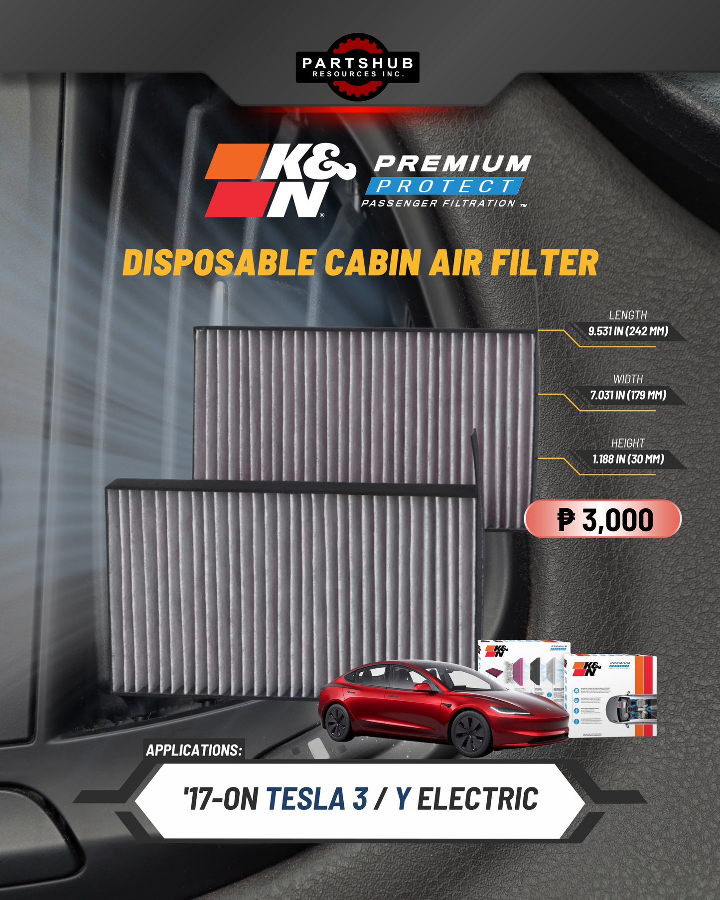 K&N DISPOSABLE CABIN AIR FILTER ('17-ON TESLA 3/Y Electric)