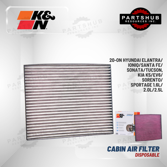 K&N DISPOSABLE CABIN AIR FILTER (20-ON HYUNDAI Elantra/Ioniq/Santa Fe/Sonata/Tucson, KIA K5/EV6/Sorento/Sportage 1.6L/2.0L/2.5L)