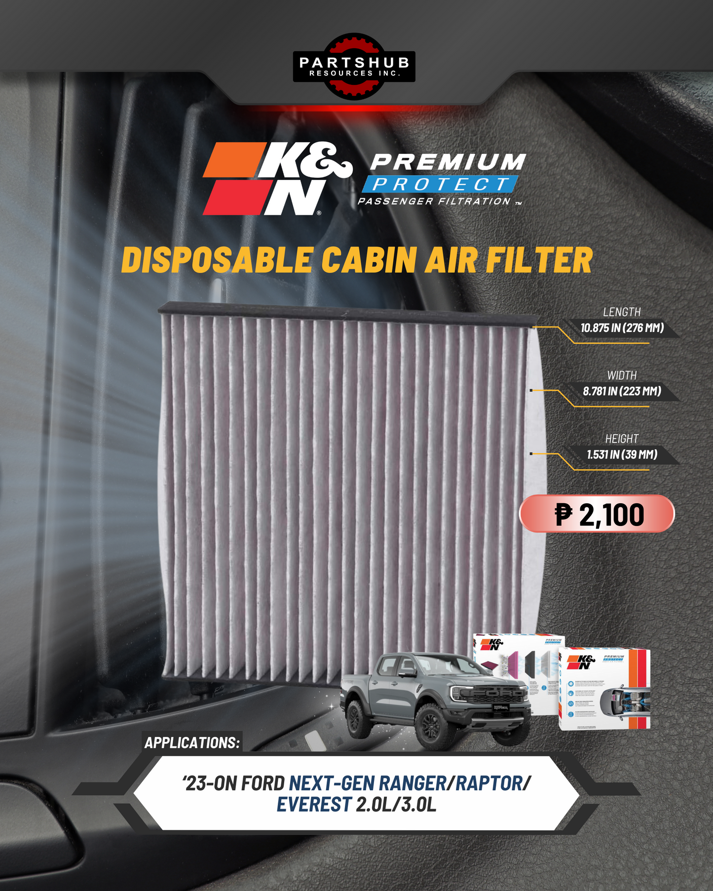 K&N DISPOSABLE CABIN AIR FILTER (23-ON Ford Next-Gen Ranger/Raptor/Everest 2.0L/3.0L)