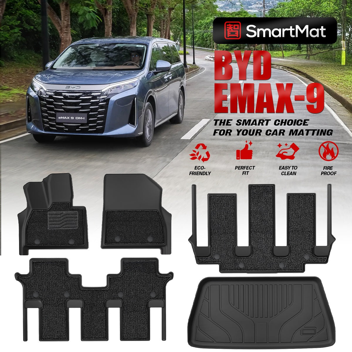 SmartMat Dual Layer Car Mat 3 rows van for BYD eMAX 9 2025 up to latest