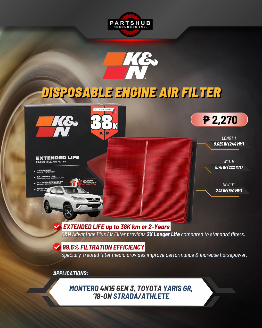 K&N DISPOSABLE ENGINE AIR FILTER EXTENDED LIFE (NEW MONTERO 4N15 GEN 3/3.5L, TOYOTA YARIS GR, STRADA 19-ON, LEXUS/ATHLETE)