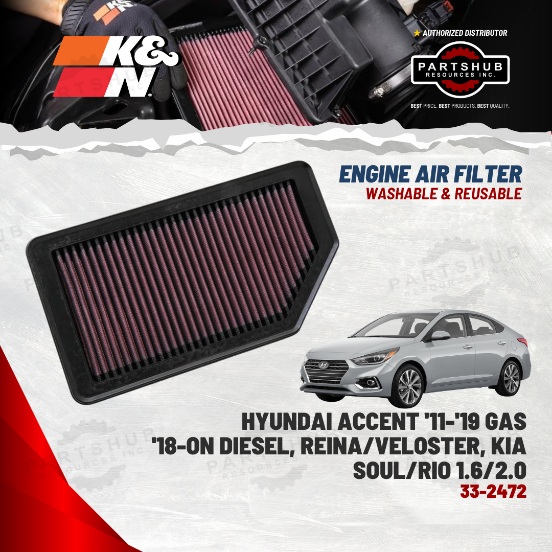 K&N AIR FILTER (HYUNDAI Accent '11-'19 Gas '18-ON Diesel, Reina/Veloster, KIA Soul/Rio 1.6/2.0)