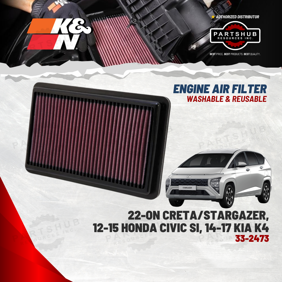 K&N AIR FILTER ('22-ON HYUNDAI STARGAZER/CRETA, '14-'17 MISTRA/KIA K4, '12-'15 HONDA CIVIC SI)