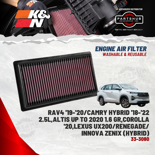 K&N AIR FILTER (TOYOTA '18-'22 Camry/Corolla/RAV4/LEXUS UX200/Renegade/INNOVA ZENIX)