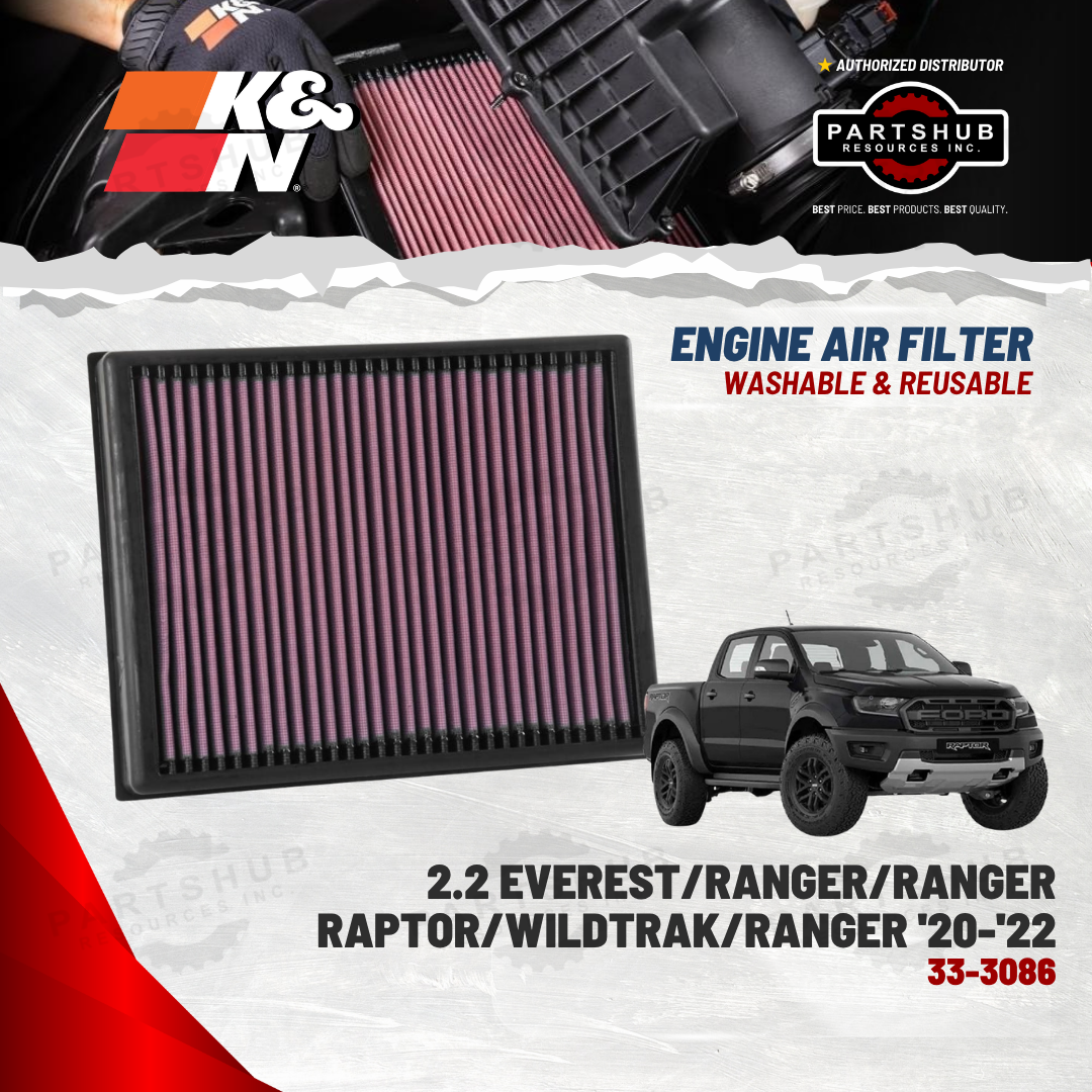 K&N AIR FILTER (FORD '18-'22 Ranger/Raptor, '15-'20 Everest, '16-'19 Endeavour)