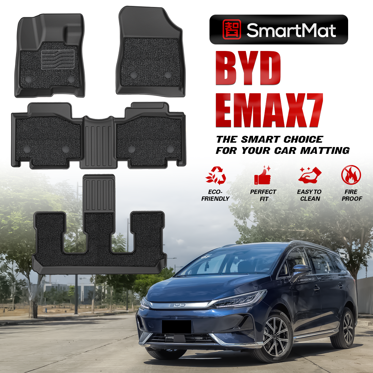 SmartMat Dual Layer Car Mat 3 Rows for BYD eMAX 7 2025 up to latest