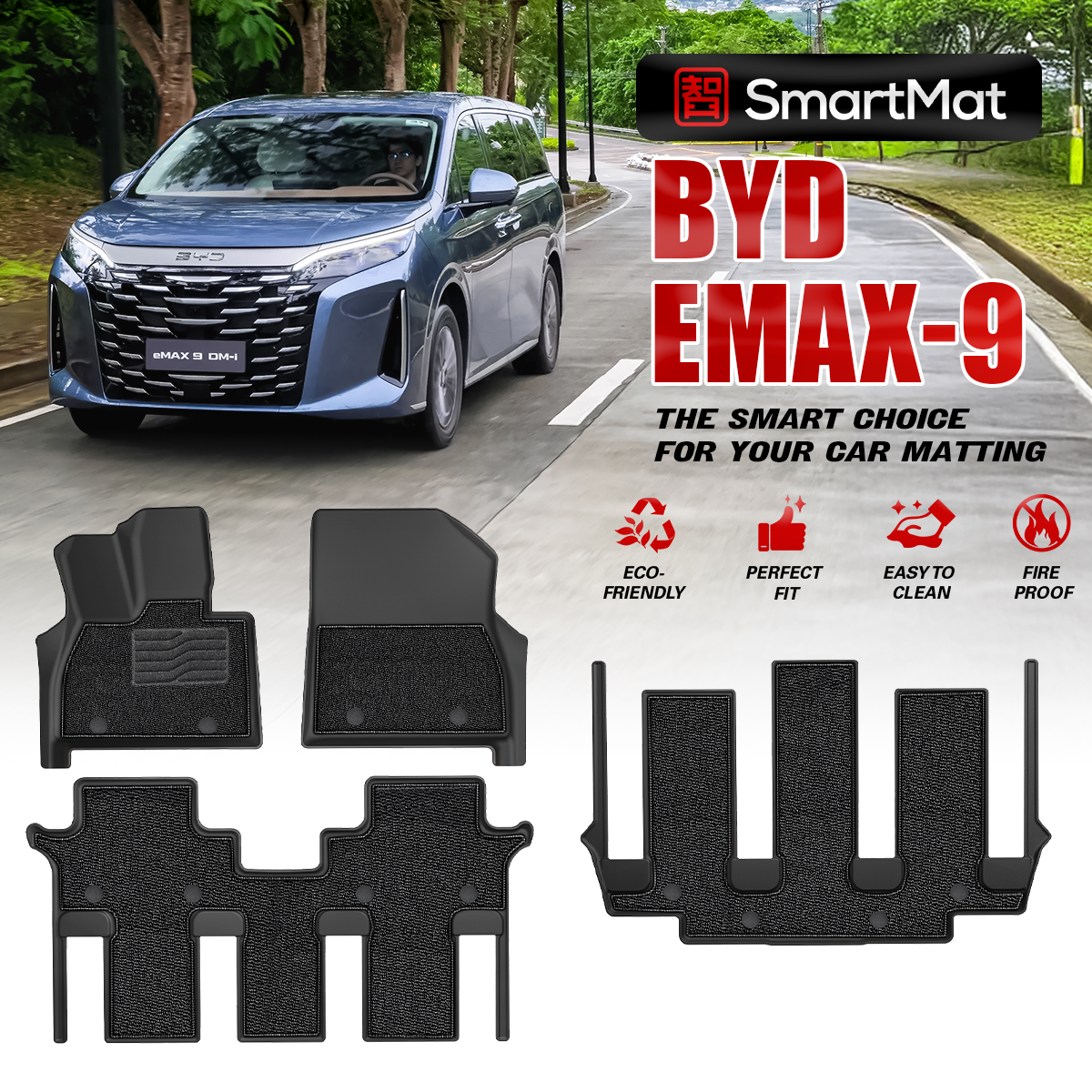 SmartMat Dual Layer Car Mat 3 rows van for BYD eMAX 9 2025 up to latest