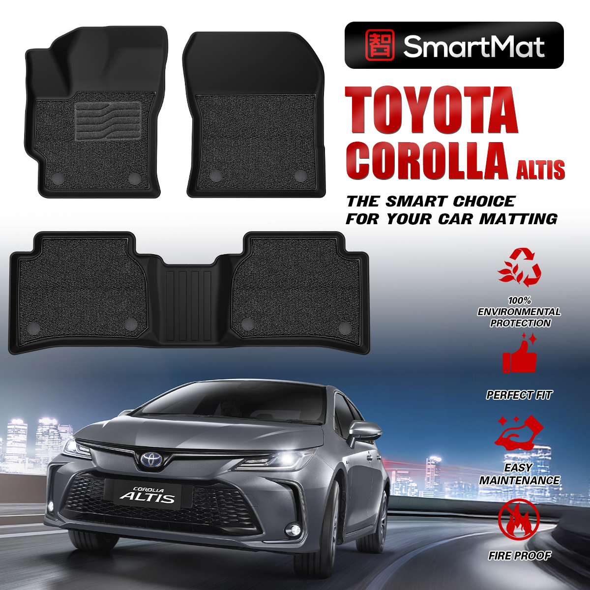SmartMat Dual Layer Car Mat 2 Rows for Toyota Corolla ALTIS 2022 up to latest