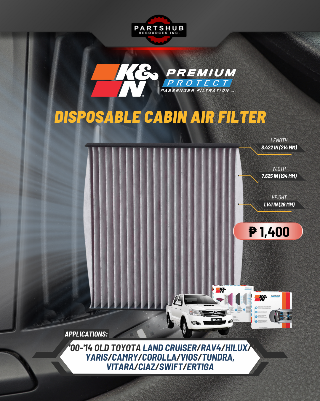 K&N DISPOSABLE CABIN AIR FILTER (OLD TOYOTA, LC PRADO,LC200,VITARA, CIAZ,SWIFT,ERTIGA, VIOS,VELOZ)