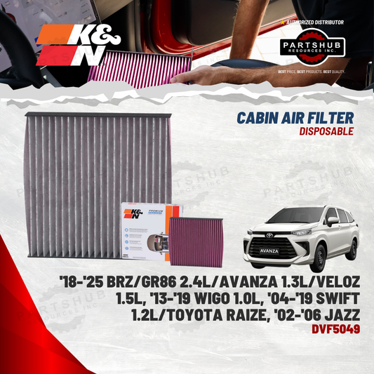 K&N DISPOSABLE CABIN AIR FILTER ('18-'25 BRZ/GR86 2.4L/Avanza 1.3L/Veloz 1.5L, '13-'19 Wigo 1.0L, '04-'19 Swift 1.2L/Toyota Raize)