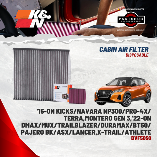 K&N DISPOSABLE CABIN AIR FILTER (KICKS/NAVARA NP300/PRO-4X/TERRA,MONTERO GEN3,DMAX/MUX '22,TRAILBLAZER,PAJERO BK,ASX,LANCER,X-TRAIL/ATHLETE/BT-50 21-ON)