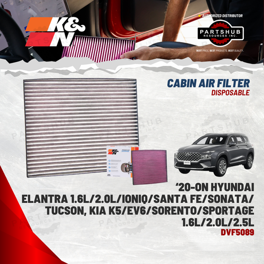 K&N DISPOSABLE CABIN AIR FILTER (20-ON HYUNDAI Elantra/Ioniq/Santa Fe/Sonata/Tucson, KIA K5/EV6/Sorento/Sportage 1.6L/2.0L/2.5L)