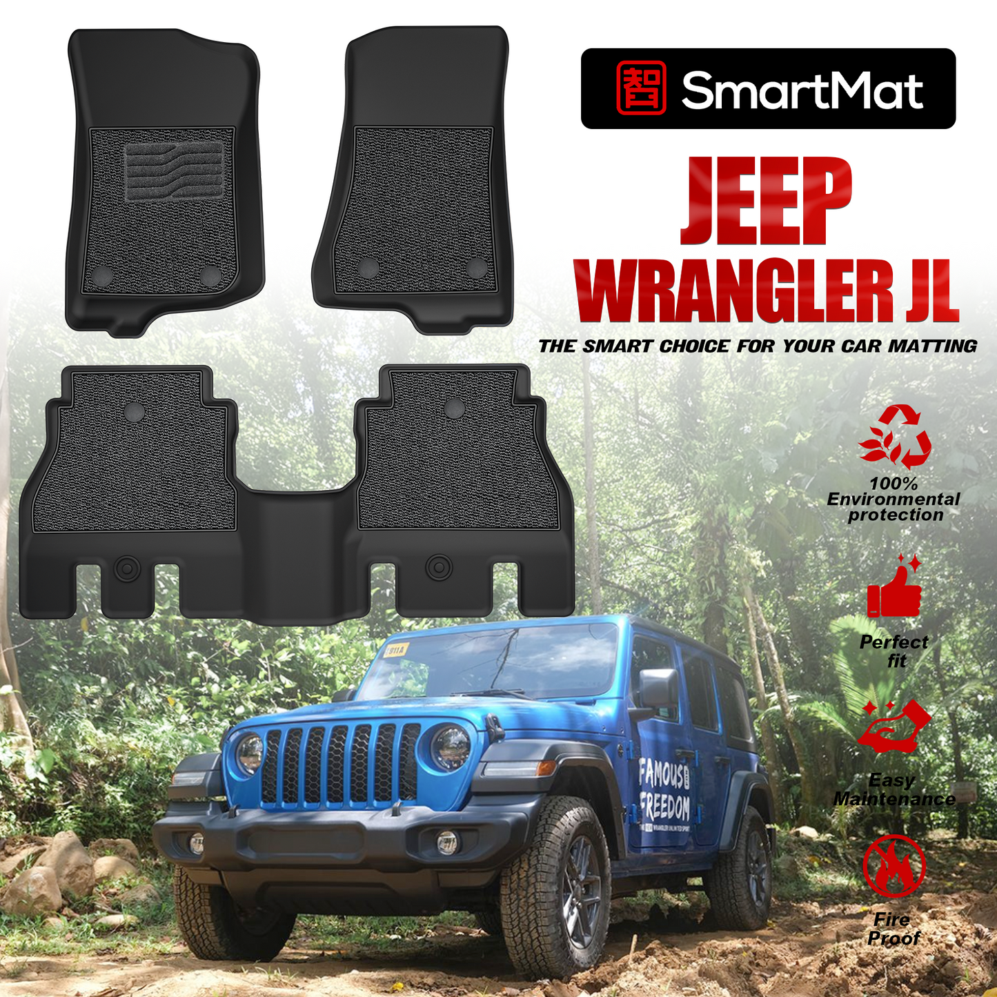 SmartMat Dual Layer Car Mat 2 rows for Jeep WRANGLER JL 2019 up to latest