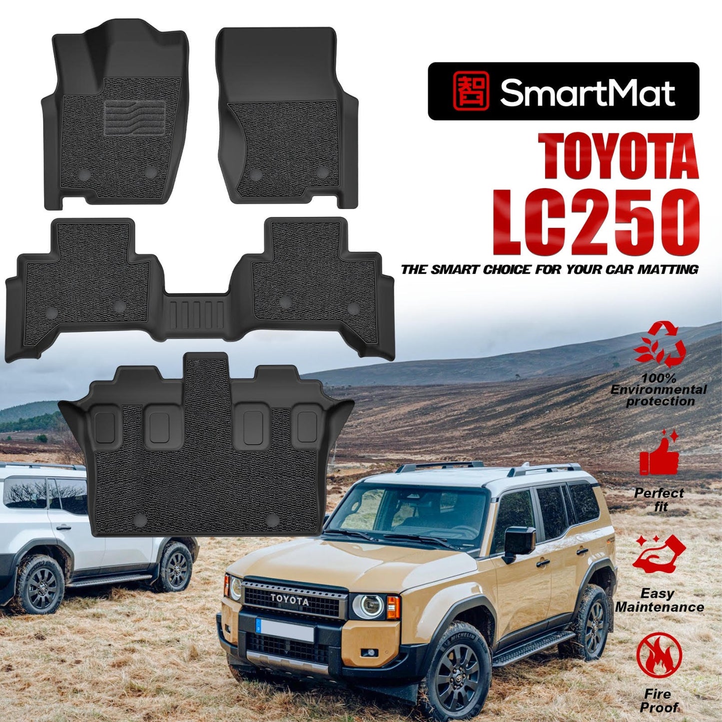SmartMat Dual Layer Car Mat 3 Rows for Toyota Land Cruiser Prado LC250 2025 up to latest