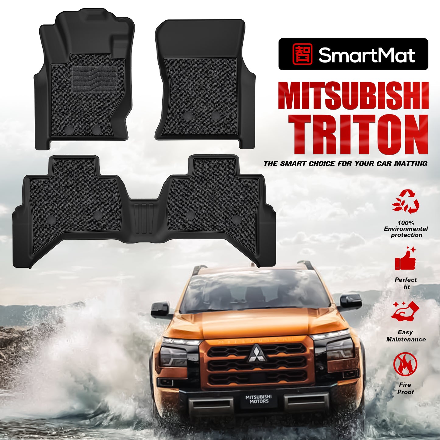 SmartMat Dual Layer Car Mat 2 rows for Mitsubishi TRITON 2023 up to latest