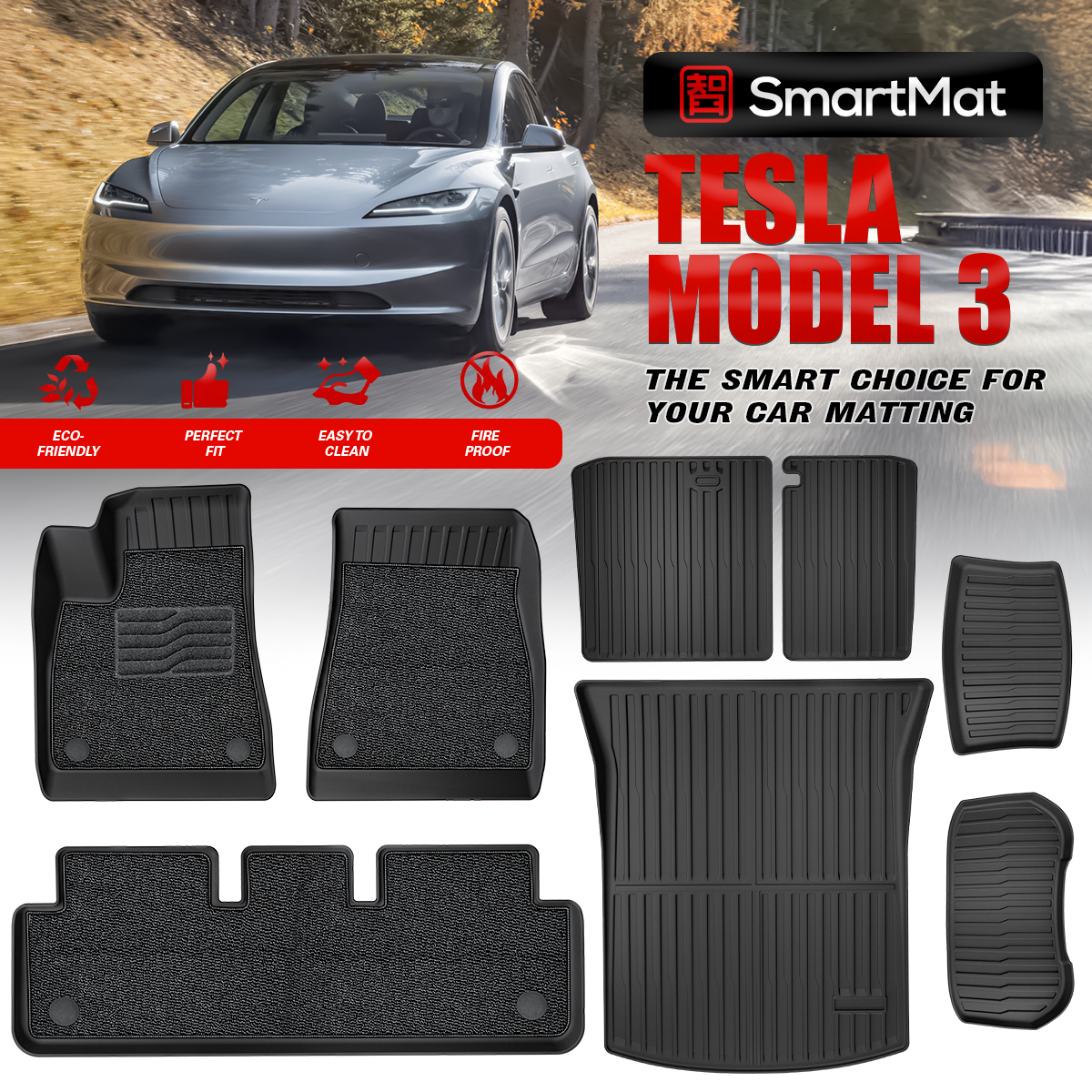 SmartMat Dual Layer Car Mat 2 Rows for Tesla MODEL 3 HIGHLAND 2025 up to latest