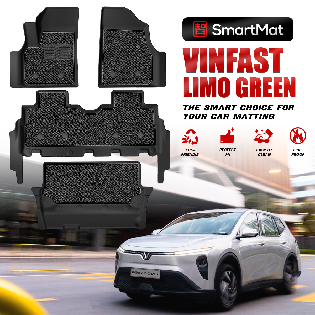 SmartMat Dual Layer Car Mat 3 rows for Vinfast LIMO GREEN/MPV 2026 up to latest