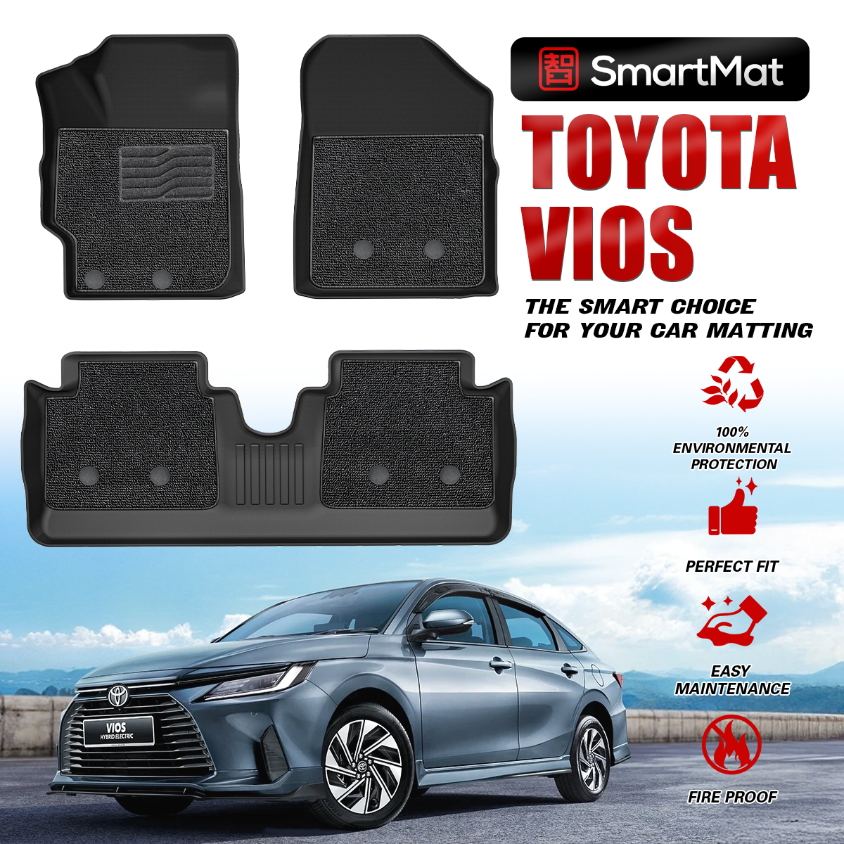 SmartMat Dual Layer Car Mat 2 Rows for Toyota VIOS 2025 up to latest
