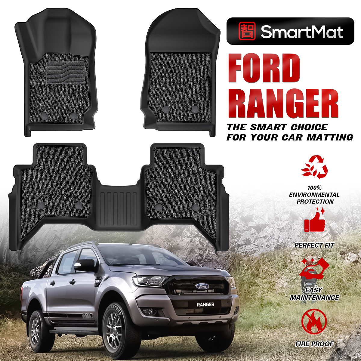 SmartMat Dual Layer Car Mat 2 Rows for Ford RANGER T6 Gen 3 2012-2022